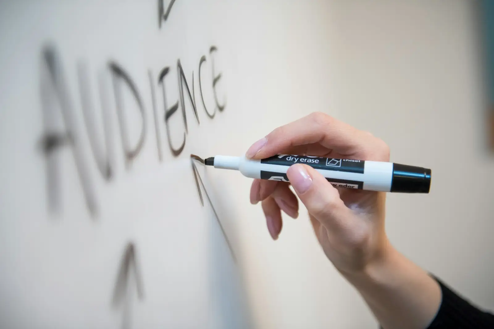 Hand writing the word audience on a whiteboard with a marker